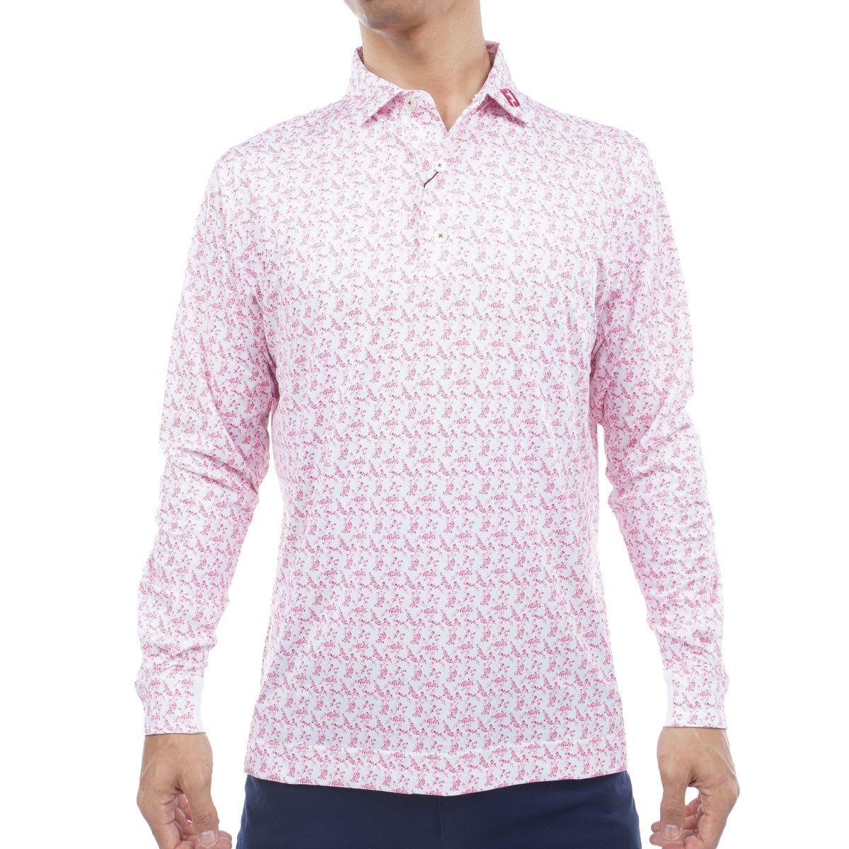 ストレッチ ヴィンテージフラワープリント 長袖ポロシャツ(長袖シャツ