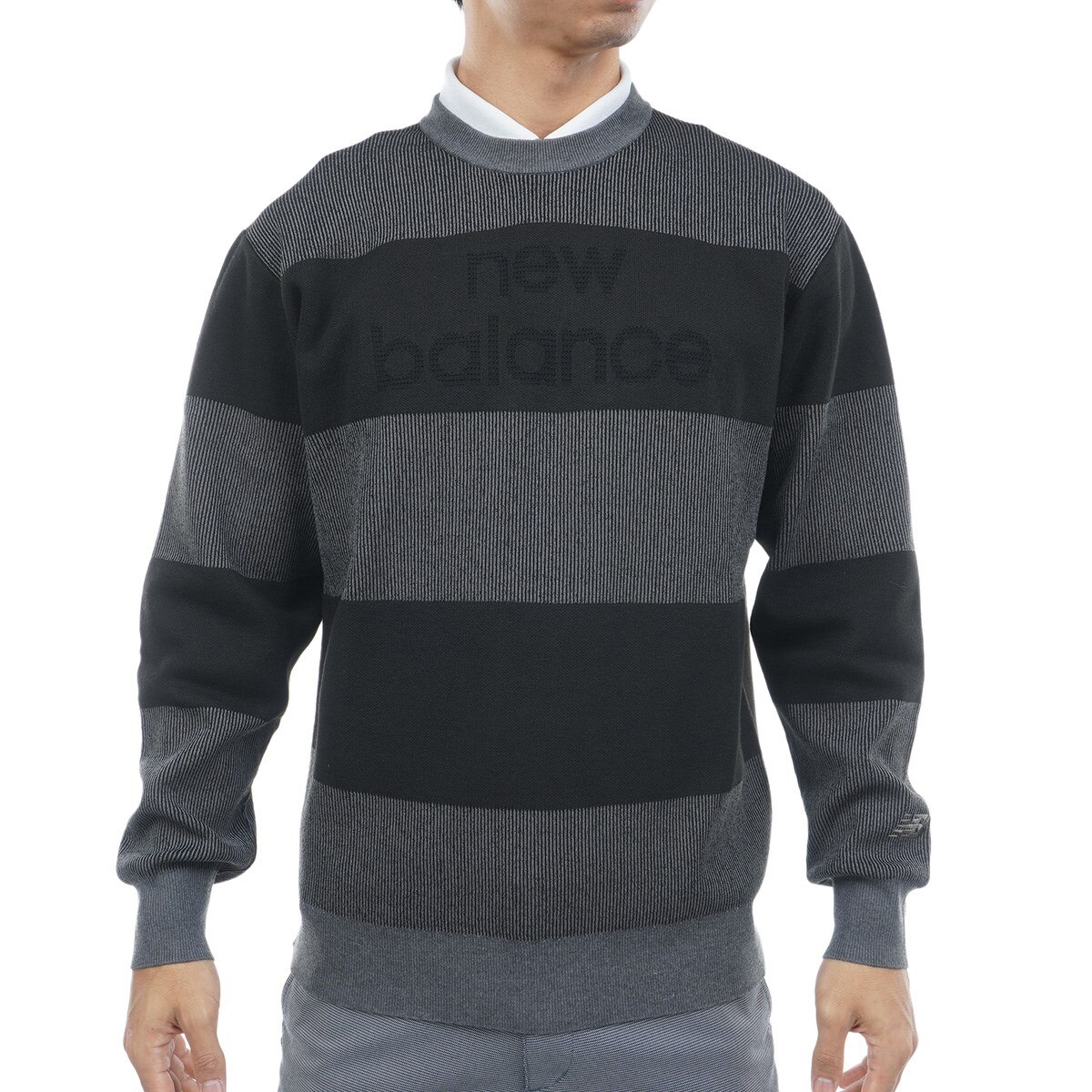 New Balance ロゴニット 針抜リブ×ロゴダブルジャカード ストレッチ クルーネックニットプル