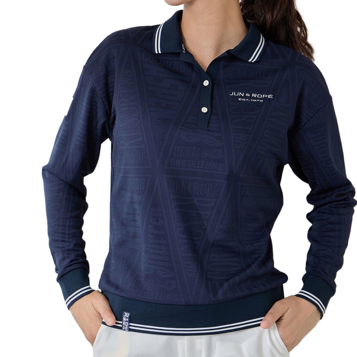 ジュン アンド ロペ　JUN & ROPE　ペナント柄 ジャカード長袖ポロシャツ　レディス ペナント柄 ジャカード長袖ポロシャツ レディス(長袖シャツ