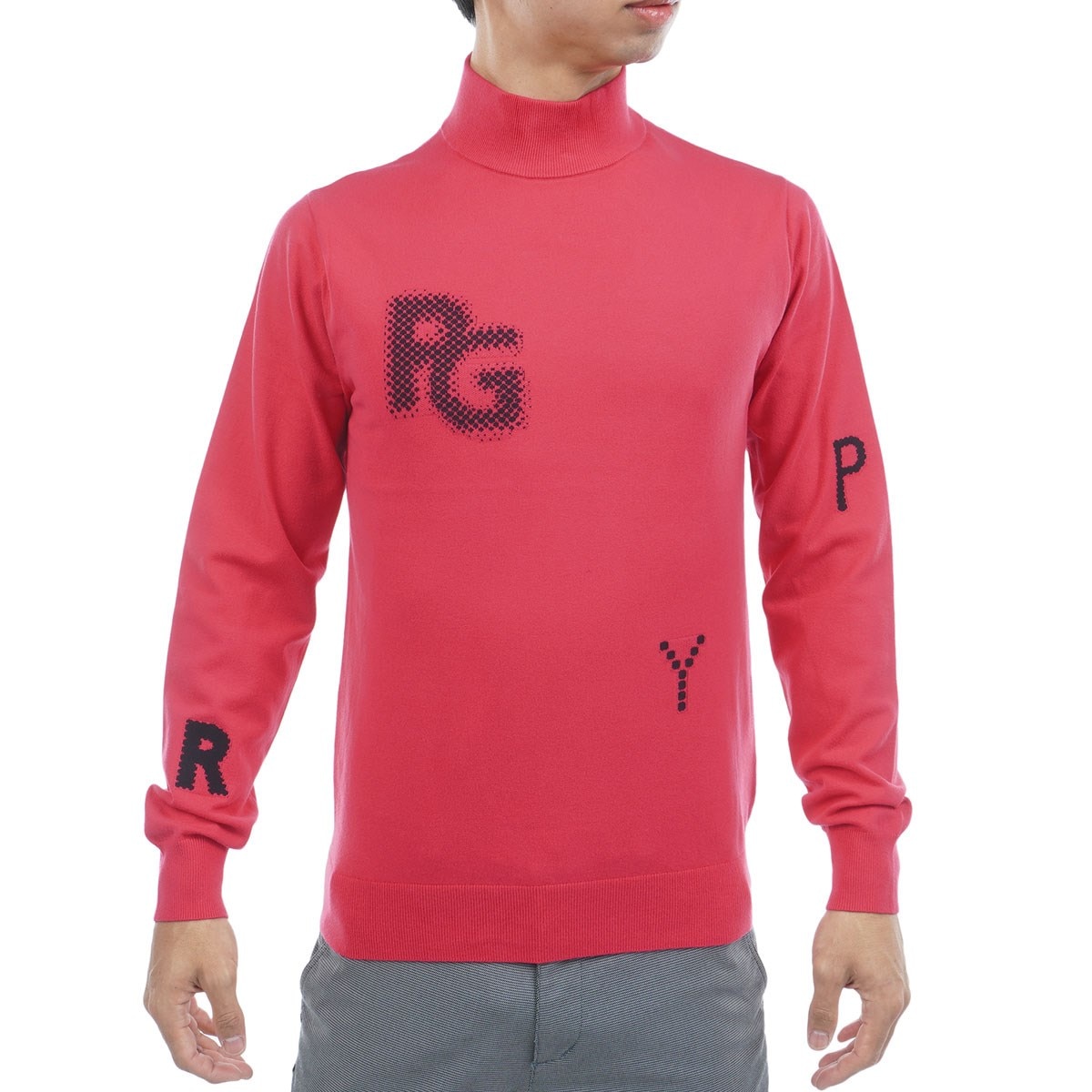 部分ジャカード カシミヤタッチコットン ハイネックセーター