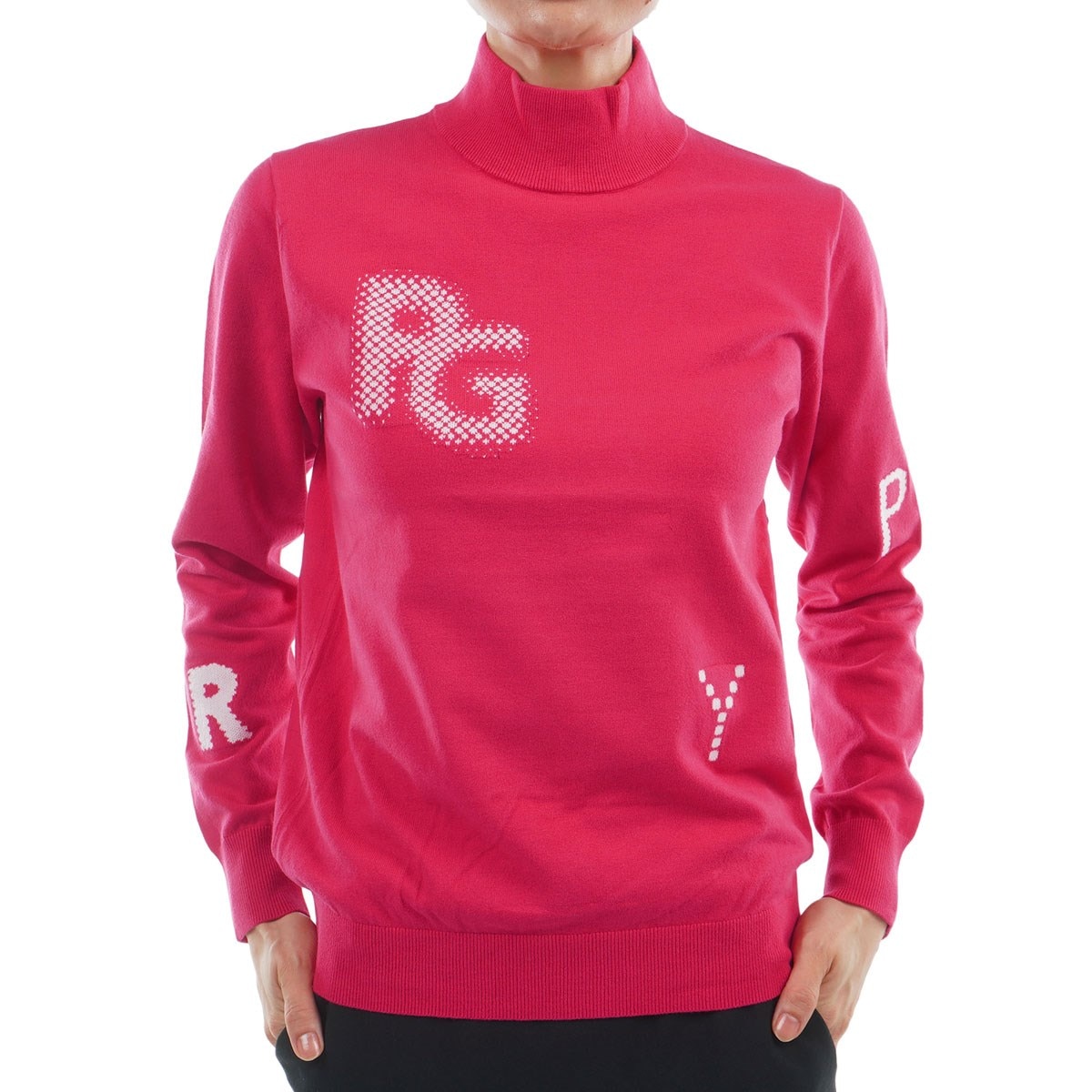 部分ジャカード カシミヤタッチコットン ハイネックセーター