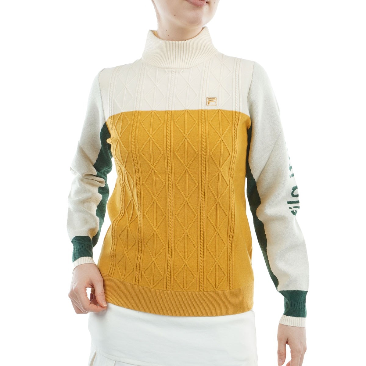 ✨美品✨ FILA GOLF ニット セーター M イエロー 星 ワッペン 総柄 軽量混紡ニット モックネックセーター レディス(中間着(セーター