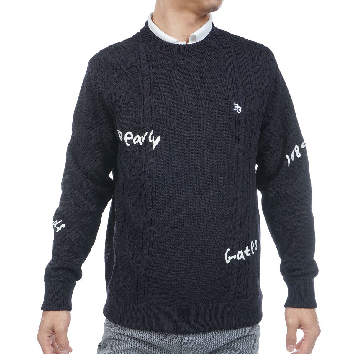 アラン柄×刺繍ランダム編み丸首セーター(中間着(セーター、トレーナー