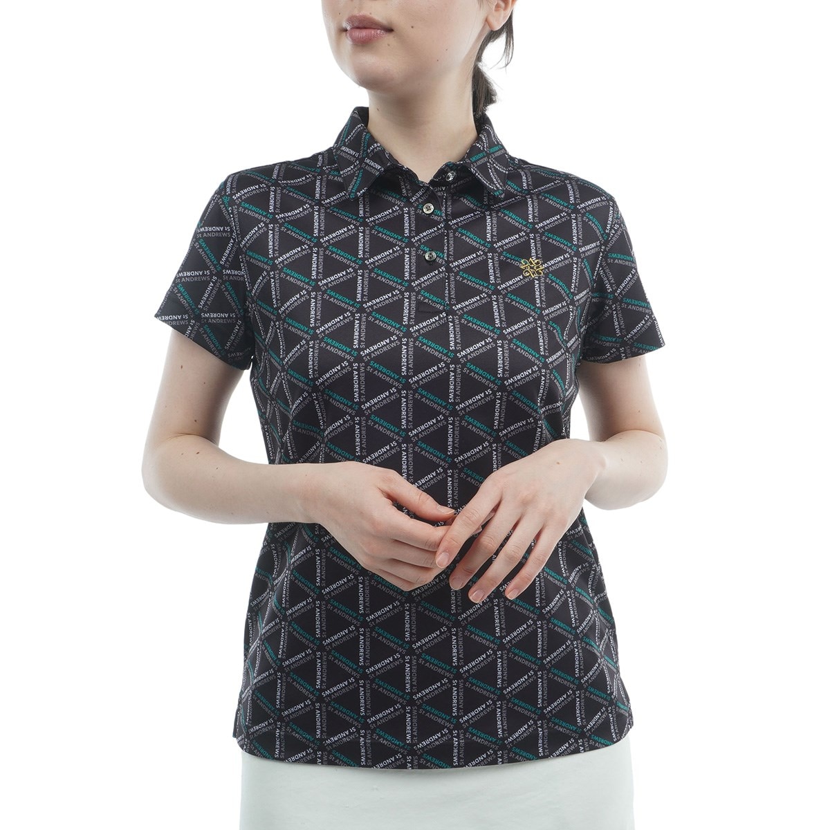 セントアンドリュース　ポロシャツ美品 ST ANDREWS セントアンドリュース 半袖ポロシャツ 総柄 ネイビー系