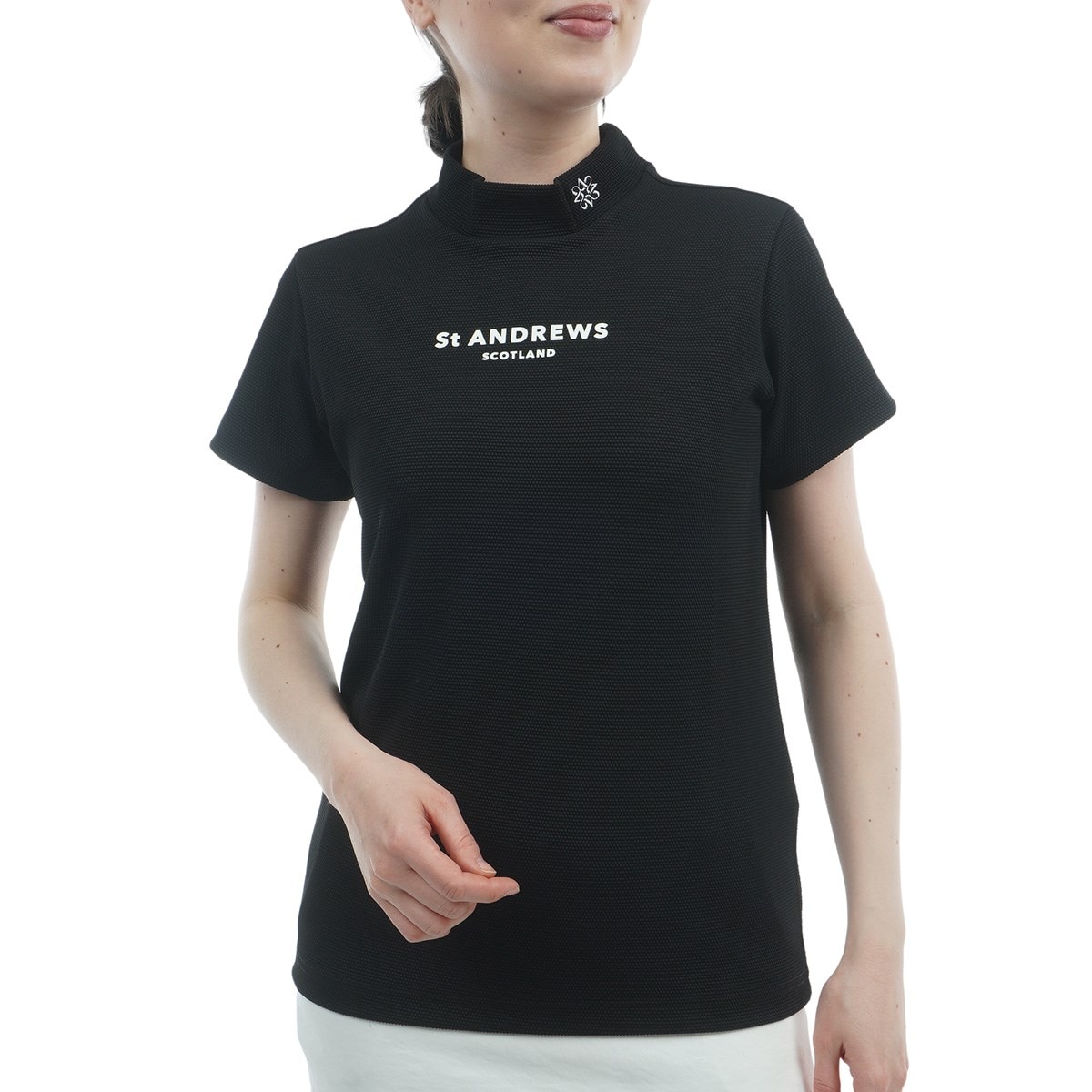 St ANDREWSセントアンドリュース ゴルフ　シャツ　L ポップコーンジャージ半袖ハイネックシャツ レディス(半袖シャツ
