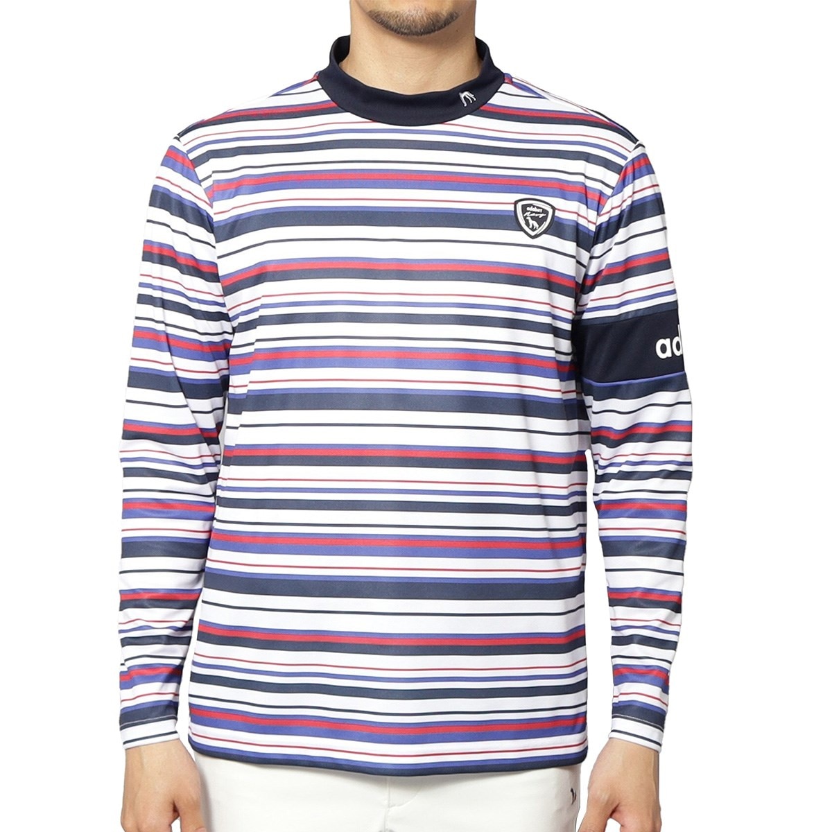 adabatネイビー マルチボーダー長袖モックネック　レディース　Mサイズ UVカット 吸水速乾 マルチボーダー モックネック長袖シャツ(長袖シャツ