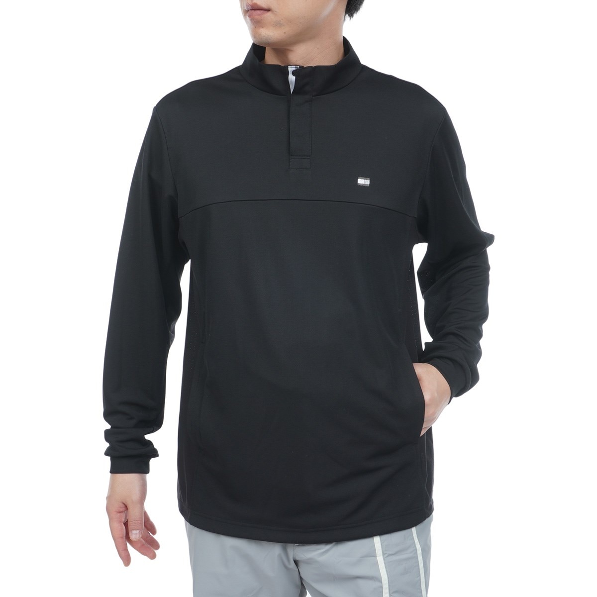 FR2GOLF ビッグロゴマーク 長袖ゴルフポロシャツ 黒 M Lサイズ相当 FILA GOLF フィラゴルフ ジオメトリープリント 裏起毛 長袖 ポロシャツ メンズウェア