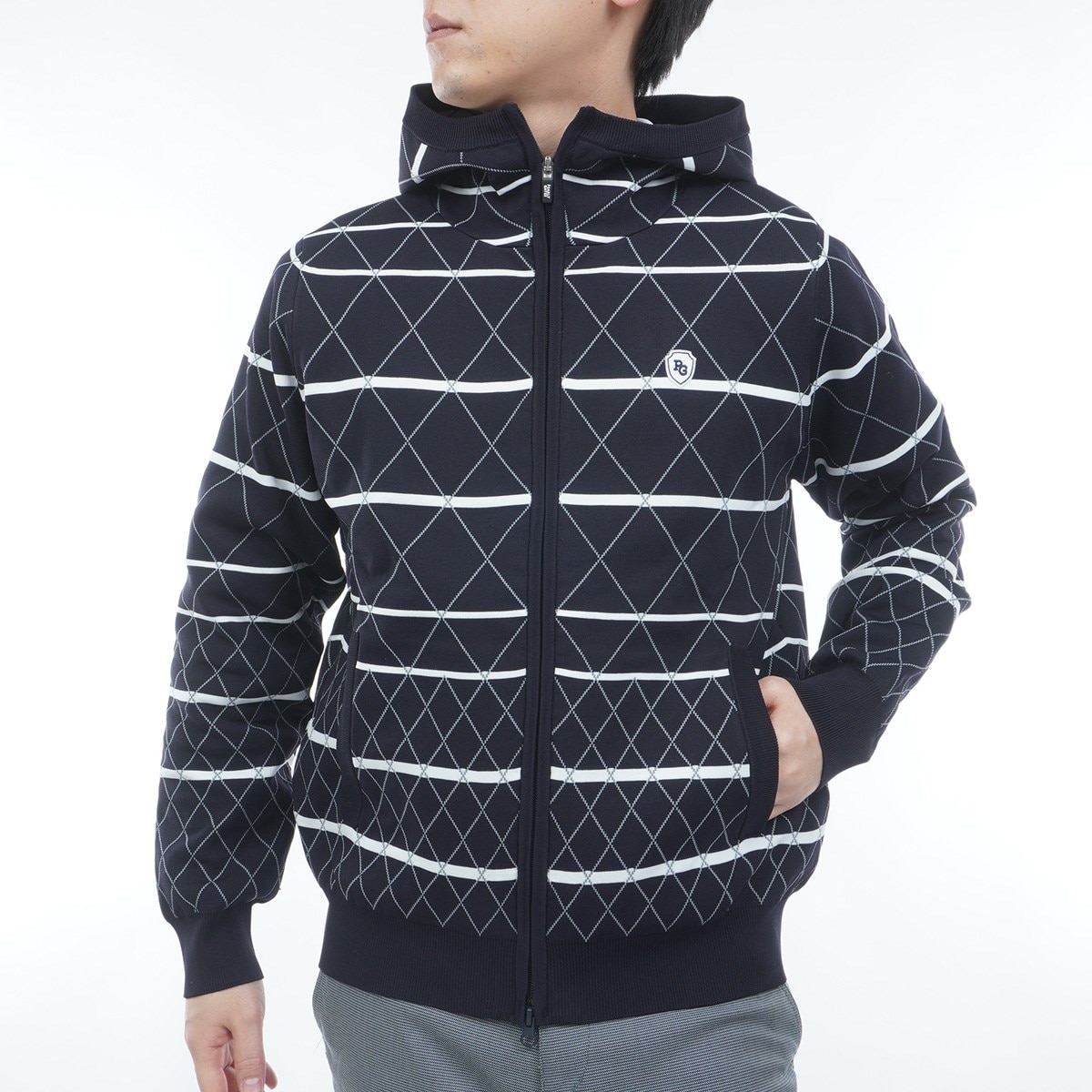 キルト風 袋ジャカードフルジップニットパーカー(中間着(セーター