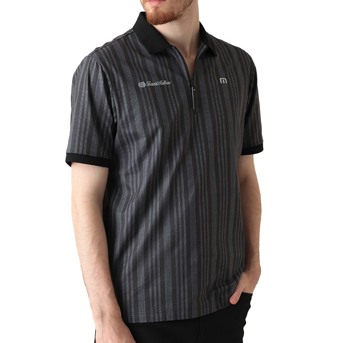 ストレッチ クォータージップストライプ半袖ポロシャツ(半袖シャツ