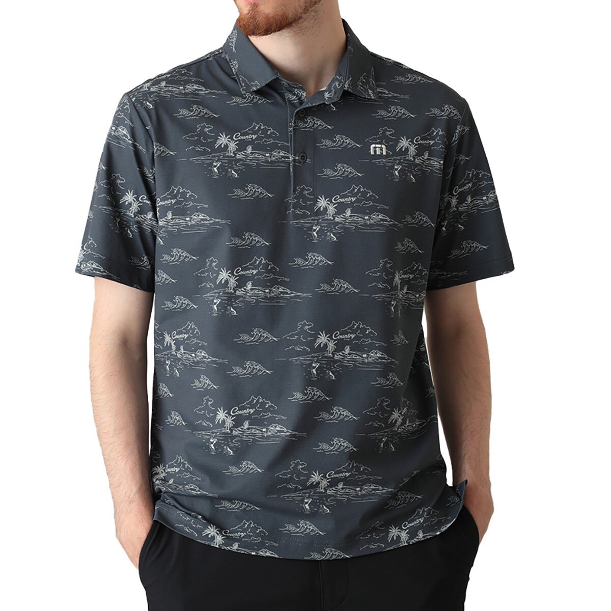 ストレッチ メッシュ素材総柄プリント半袖ポロシャツ(半袖シャツ