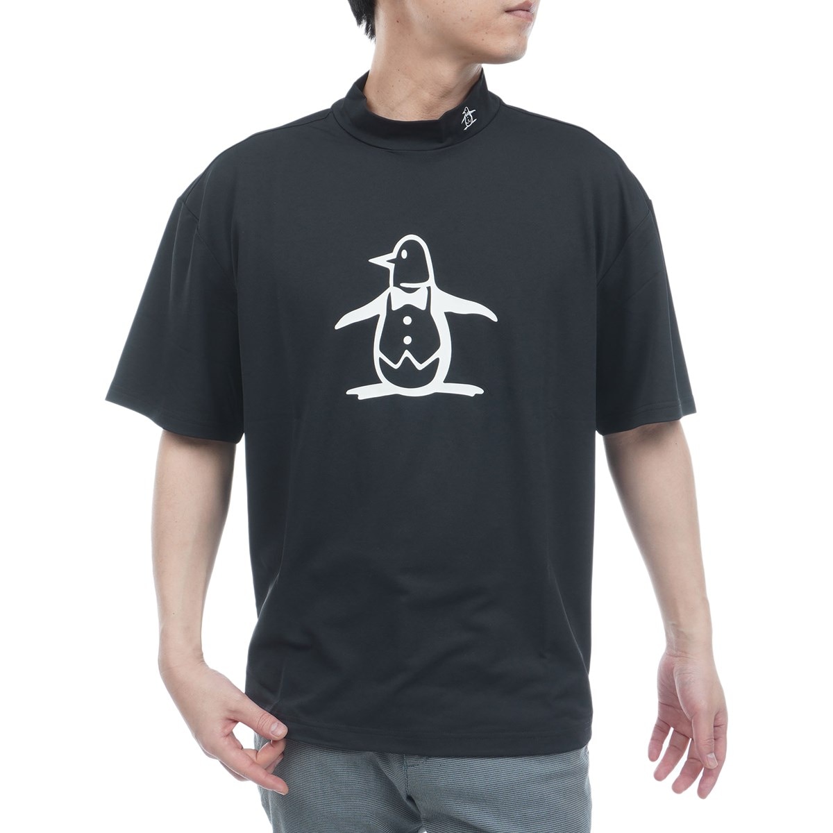 ★美品★Golfickers 半袖シャツ 黒　モックネック セール・アウトレット】ストレッチ ビッグロゴ モックネック半袖シャツ