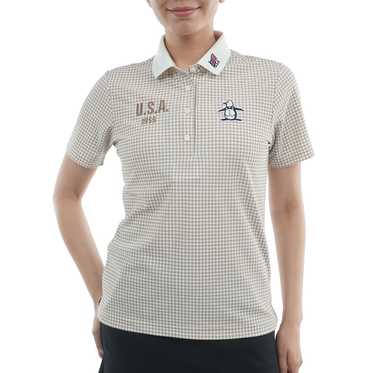 ストレッチ ギンガムチェックプリント半袖ポロシャツ レディス(半袖