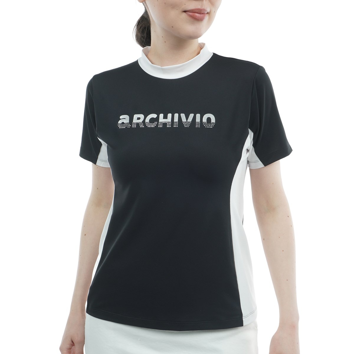 36 黒　ARCHIVIO レディース　 UV速乾ハイネックプルオーバー UV速乾サイド配色半袖ハイネックプルオーバー レディス(半袖シャツ