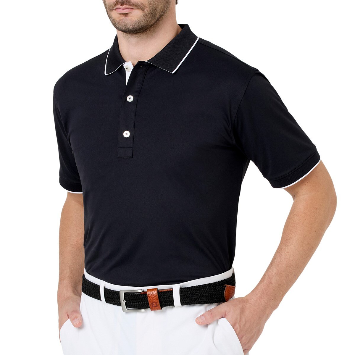 ロゴ襟ライン ストレッチ鹿の子半袖ポロシャツ(半袖シャツ・ポロシャツ