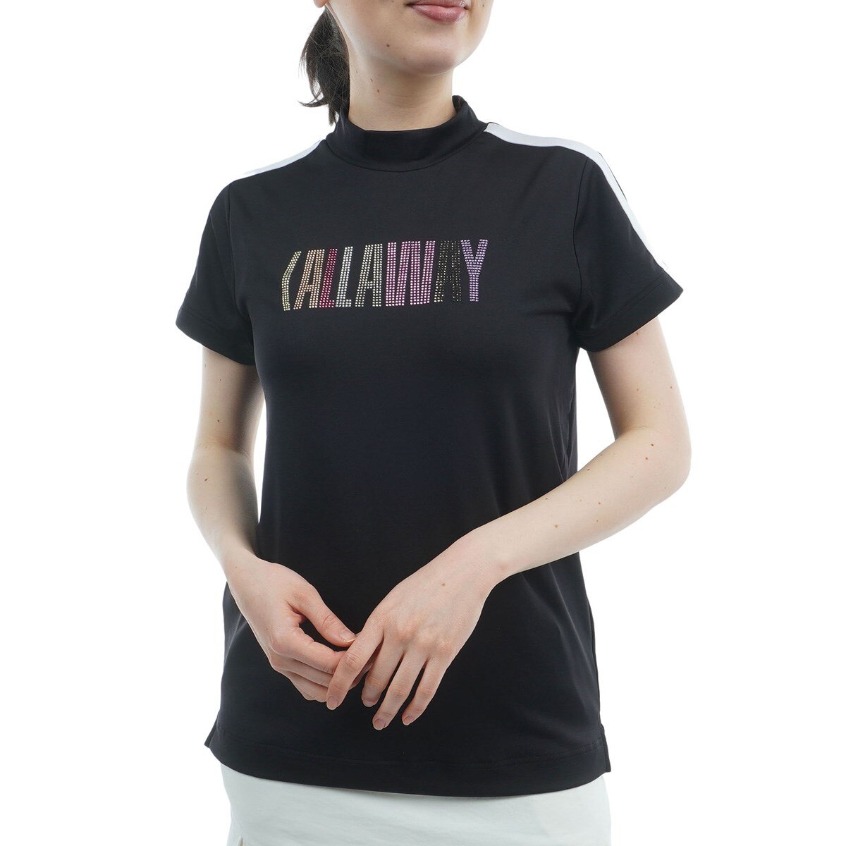 ストレッチ ラインストーン付き 半袖モックネックシャツ レディス(半袖