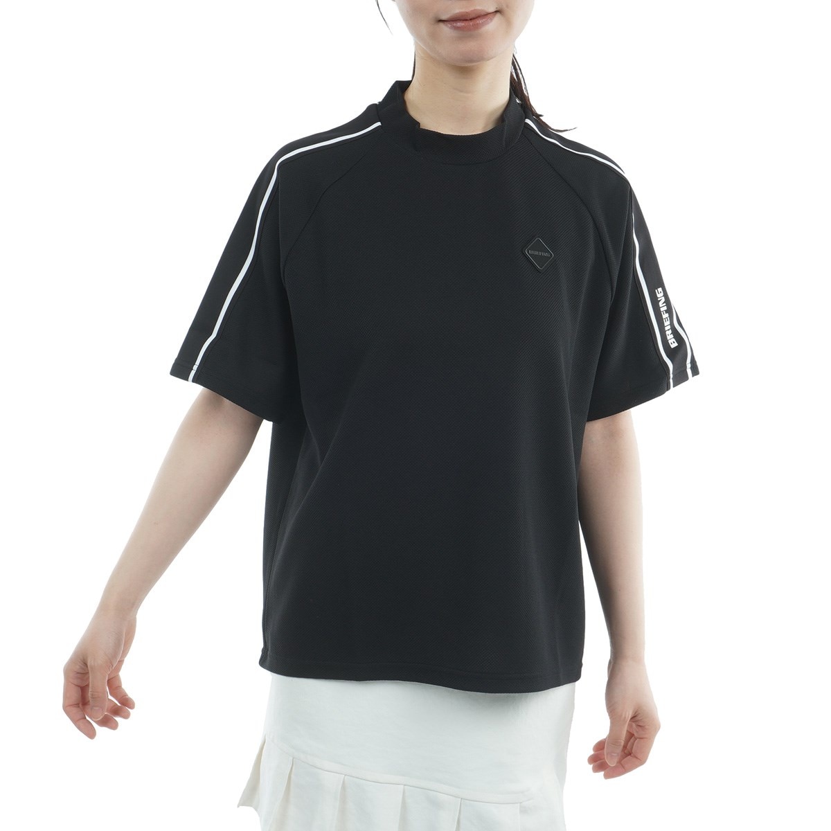 美品★BRIEFING レディースL 黒 半袖ロゴモノグラムハイネックシャツ ライン ハイネック半袖シャツ レディス(半袖シャツ・ポロシャツ