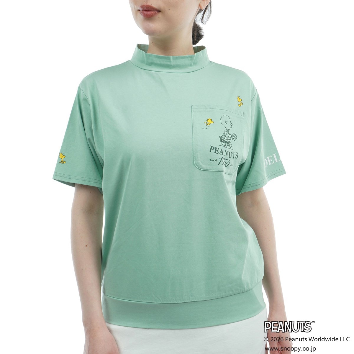 DELSOL×PEANUTS PEANUTSコラボ ストレッチ ハイネック半袖シャツ