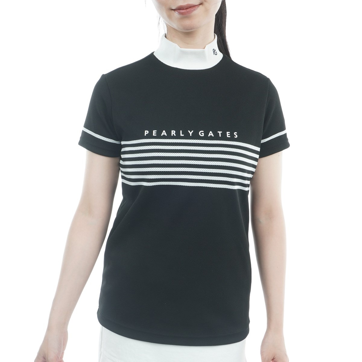 Peメッシュパネルボーダー モックネック半袖シャツ レディス(半袖