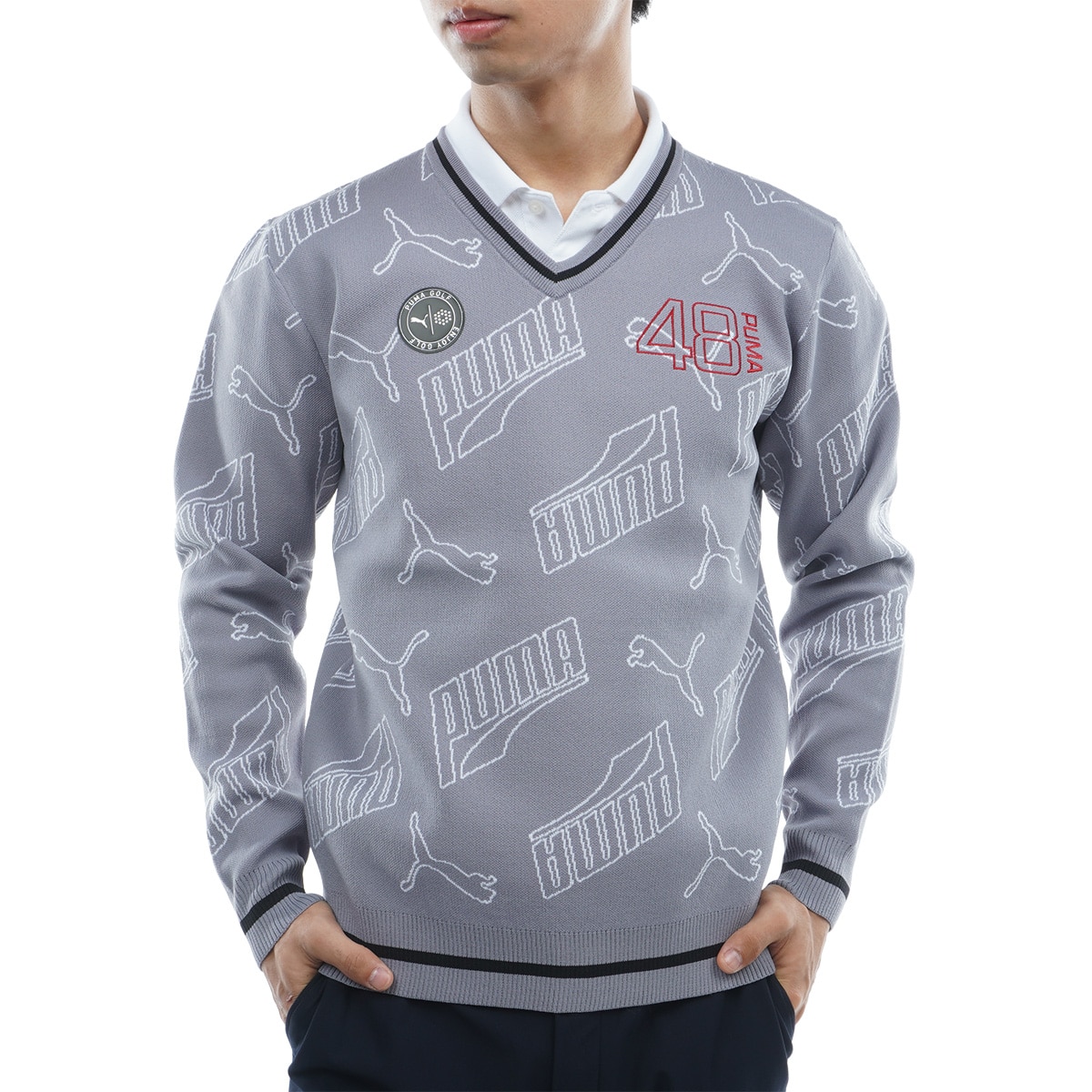 送料無料 新品 PUMA GOLF ジャガード Vネック セーター (XL