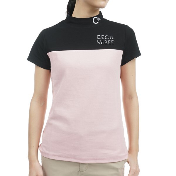 ストレッチ バイカラー モックネック半袖Tシャツ レディス(半袖シャツ 
