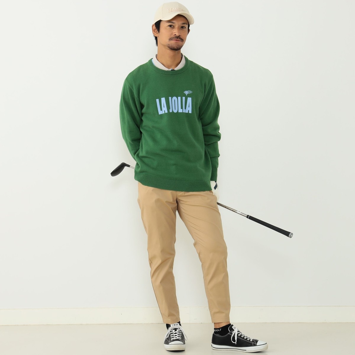 BEAMS GOLF ORANGE LABEL ロゴプリント ミドルゲージニット(中間着