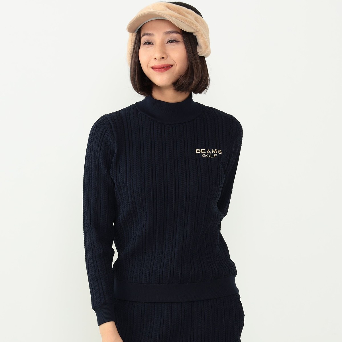 春先取りの BEAMS 裏付きニット ケーブルタートルネック LABEL PURPLE GOLF レディースウェア