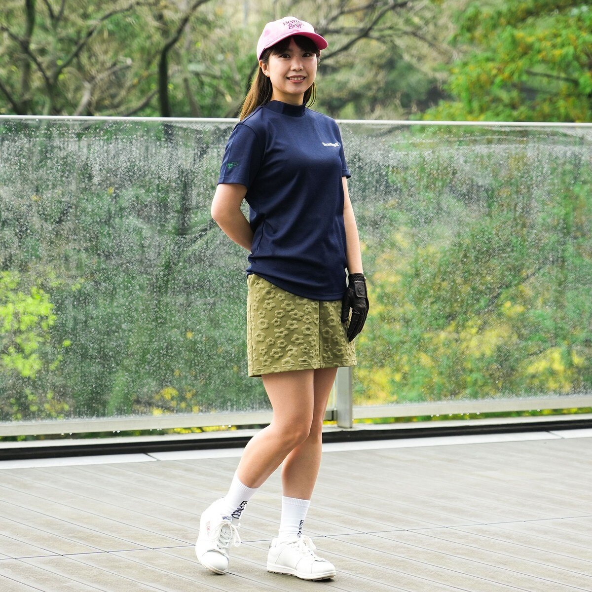 BEAMS GOLF ORANGE LABEL バックフラワー モックネックシャツ