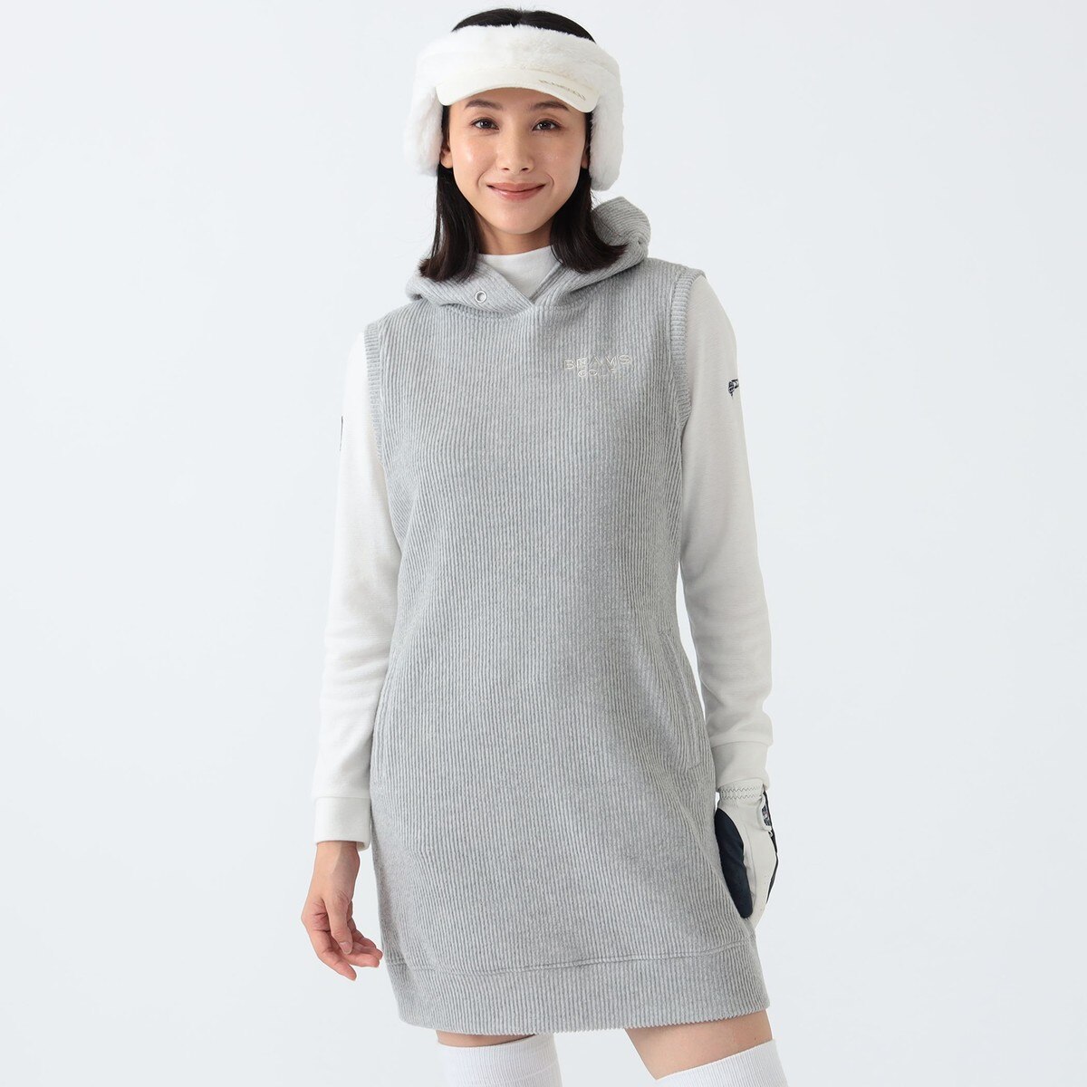 サイズ：L BEAMS GOLF ビームスゴルフ 2024年モデル コーデュロイ ノースリーブワンピース  ネイビー系 [240101473992] ゴルフウェア レディース ストスト サイズ：L BEAMS GOLF ビームスゴルフ 2024年モデル