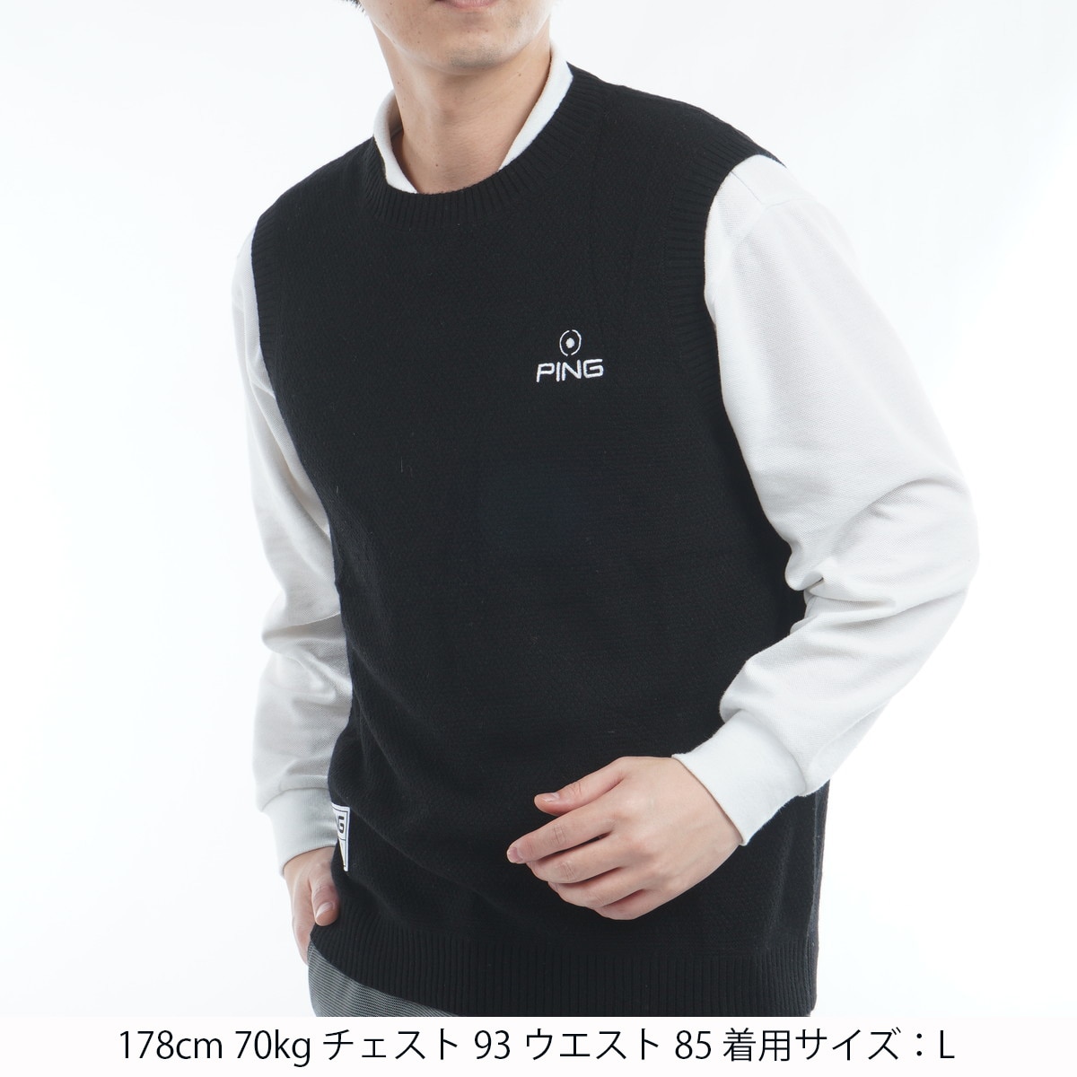 送料無料PING GOLFピンゴルフMENSカシミヤ100%起毛ニットベスト柔らか蓄熱保温性軽量伸縮プロパー仕様上質GOLDラベルBlack(大特価L)新品 セール・アウトレット】カシミヤニットベスト(ベスト)|PING(ピン