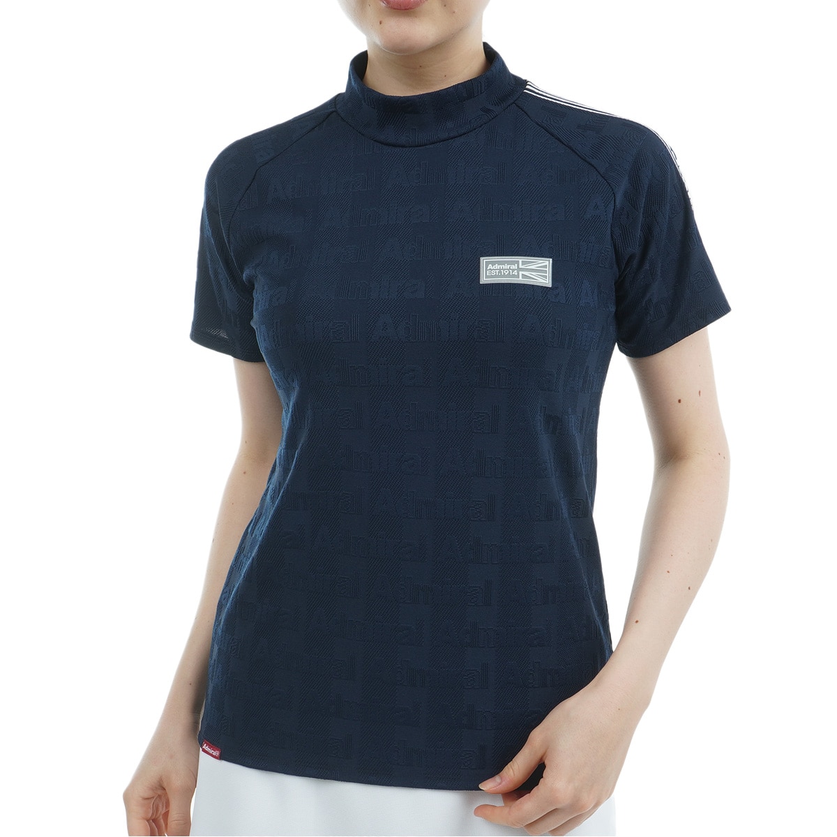 ストレッチ ストライプジャカード モックネック半袖シャツ レディス