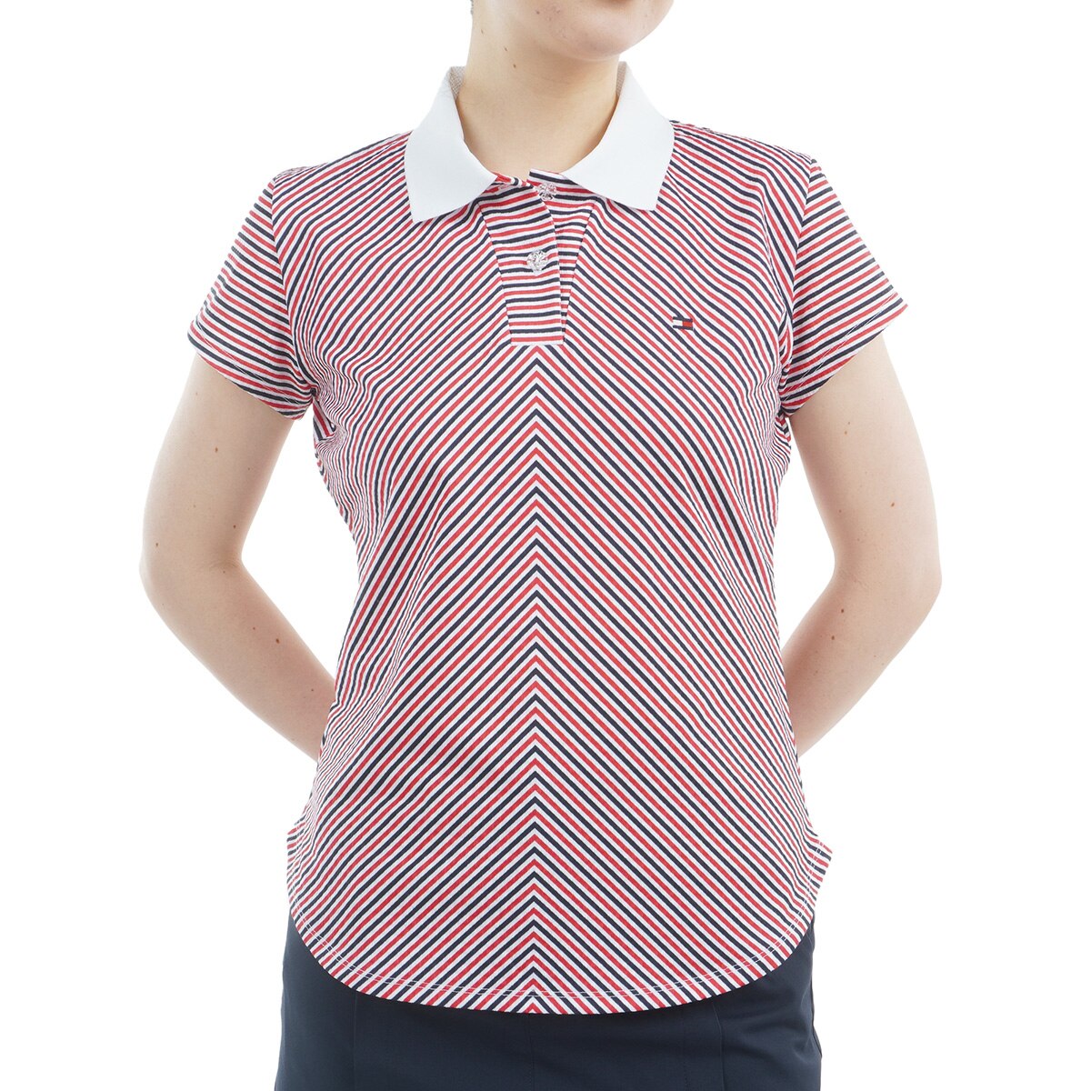23区 - T383新品23区GOLFキャンディストライプポロシャツ7号￥14300日本製 23区 GOLF】美品キャンディストライプ半袖ポロシャツ ゴルフ UV