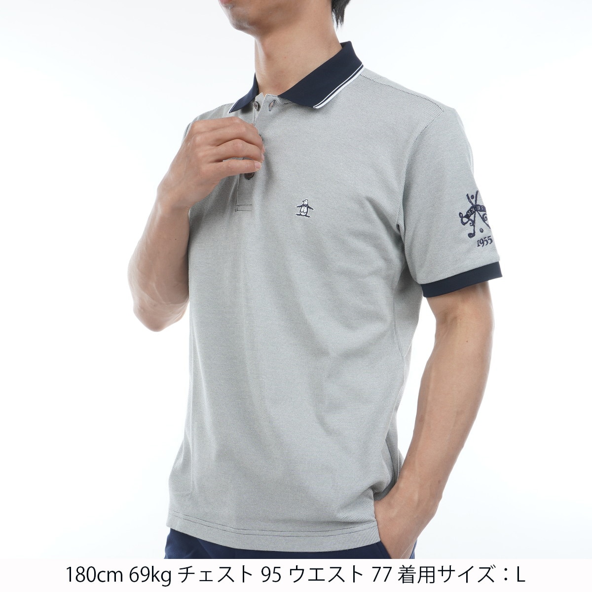 マンシングウェア　ゴルフウェア　半袖　鹿子　ポロシャツ　グレー　L 刺繍ロゴ アウトレット】SEASON 吸汗速乾 ドット鹿の子 半袖ポロシャツ(半袖