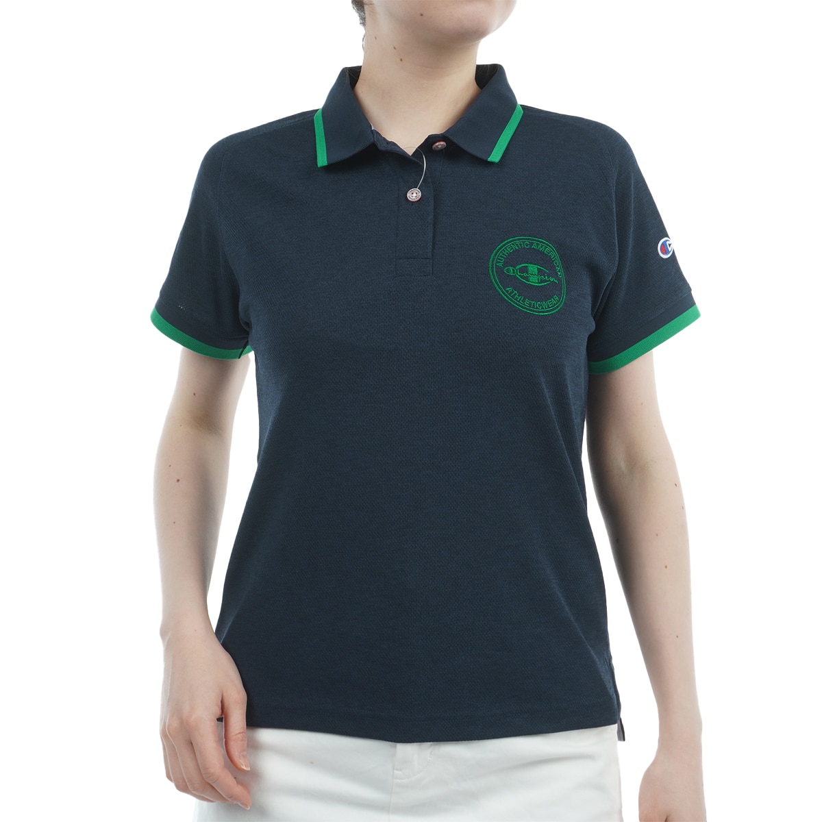 チャンピオンゴルフ　レディース　Mサイズ　半袖ポロシャツ　白　緑　グリーン チャンピオンゴルフ レディース Mサイズ 半袖ポロシャツ 白 緑