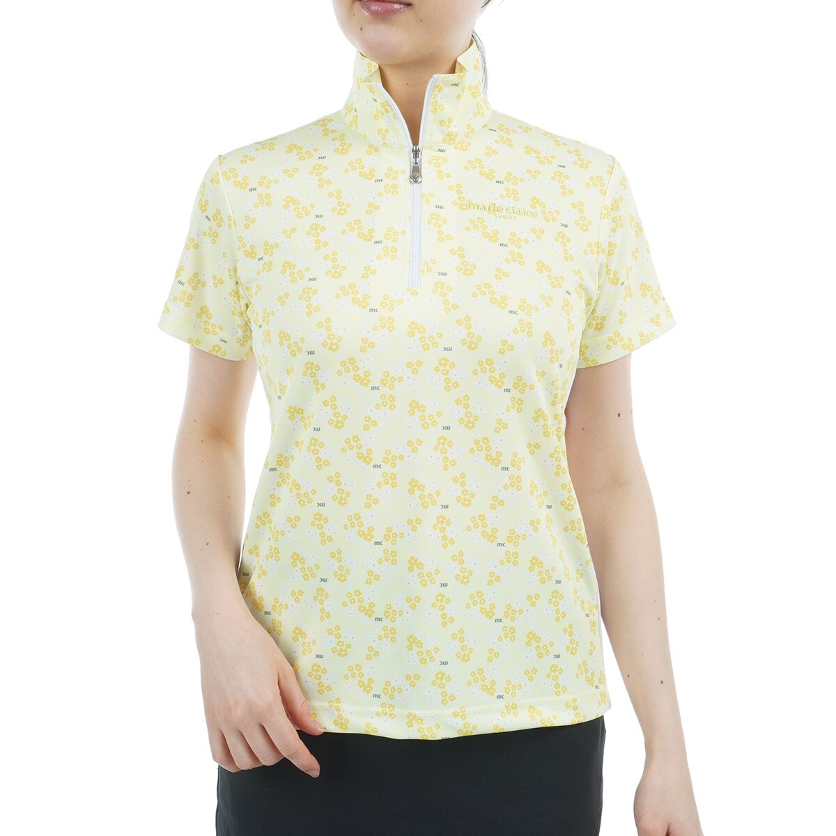 marie claire golf　半袖ハーフジップシャツ　レディース M 黄色 Marie Claire レディース 小花柄 ハイネックシャツ 半袖 接触冷