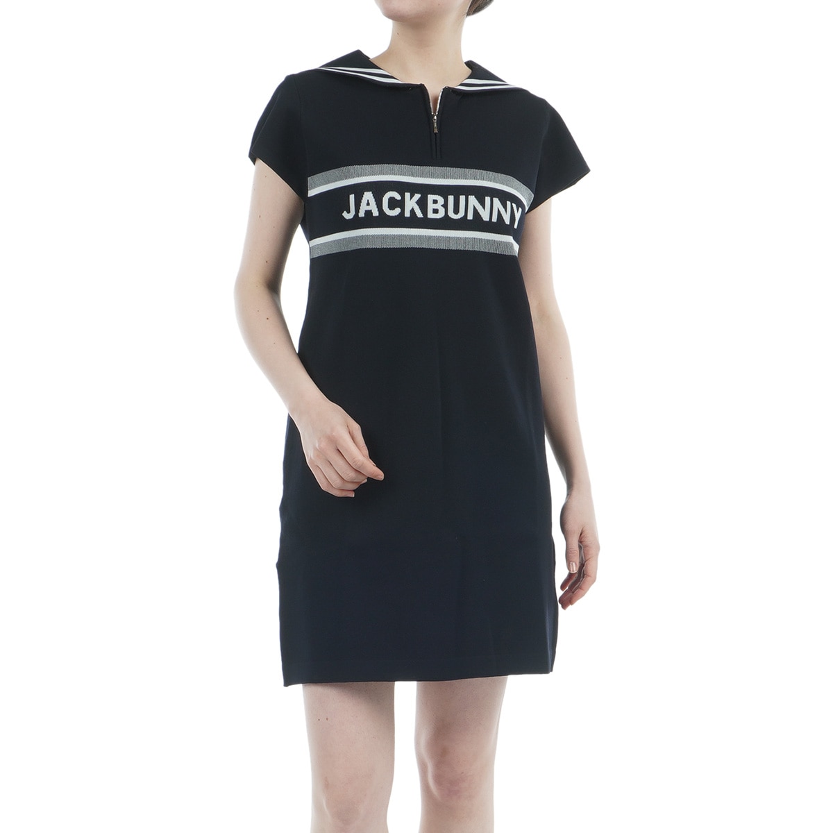 【ジャックバニー】美品 ワンピース 半袖 ビックロゴ ブラック 2サイズ リサイクルポリエステル ニット半袖ワンピース レディス