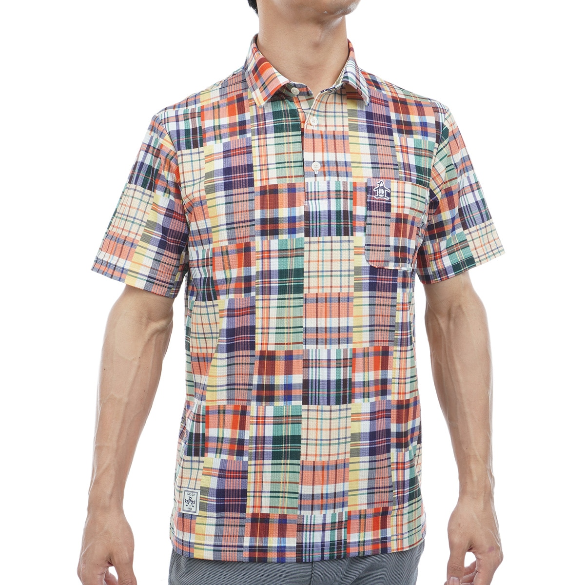 SEASON ストレッチ マドラスチェック総柄プリント半袖ポロシャツ(半袖