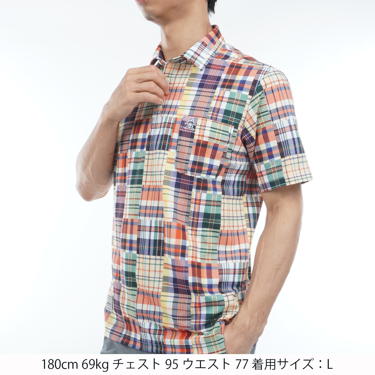 SEASON ストレッチ マドラスチェック総柄プリント半袖ポロシャツ(半袖