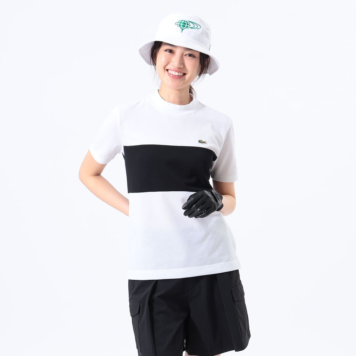 別注 LACOSTE 鹿の子 パネル モックネックシャツ レディス(半袖