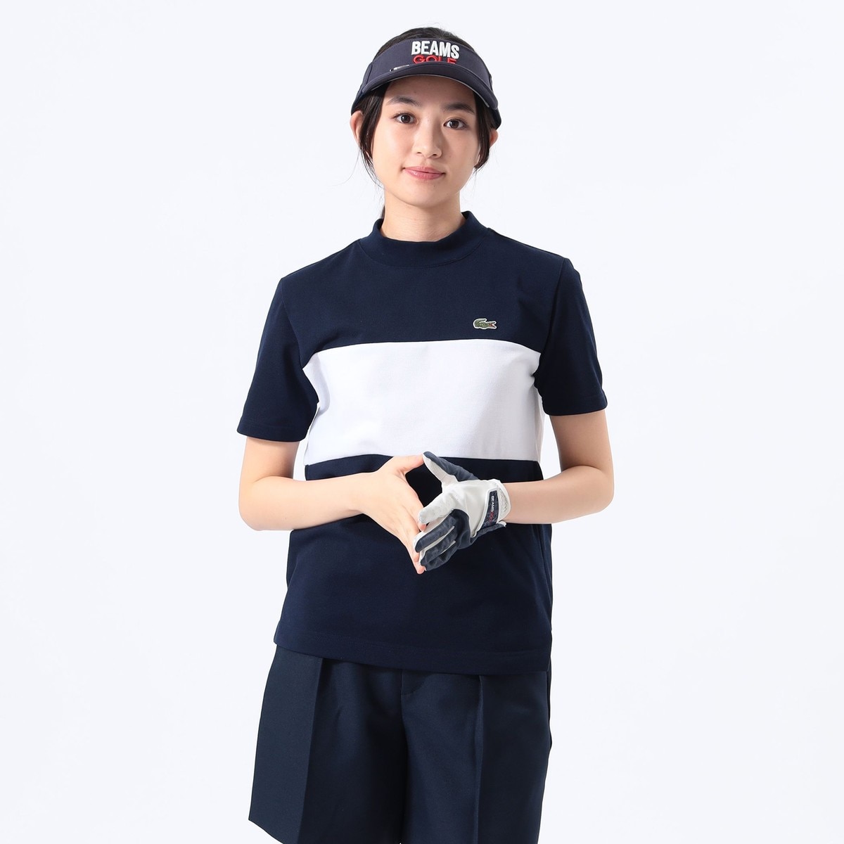 別注 LACOSTE 鹿の子 パネル モックネックシャツ レディス(半袖