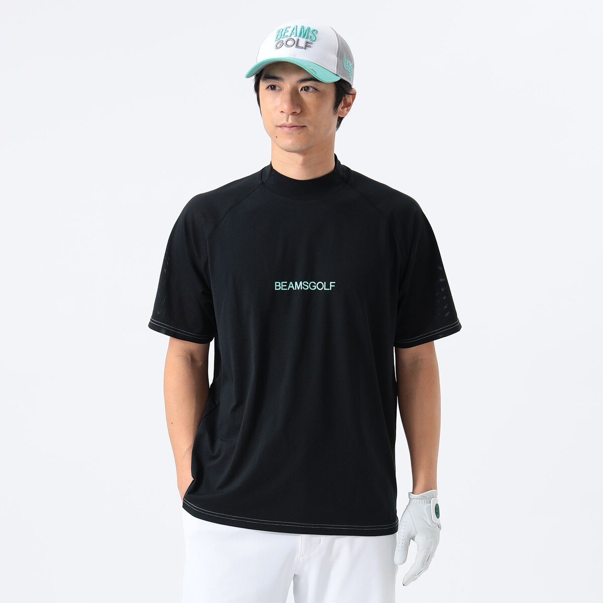 【ビームスゴルフ】人気ロゴマーク×ロゴネーム 半袖ゴルフモックネックシャツL ORANGE LABEL ラグラン切り替え モックネックシャツ(半袖シャツ