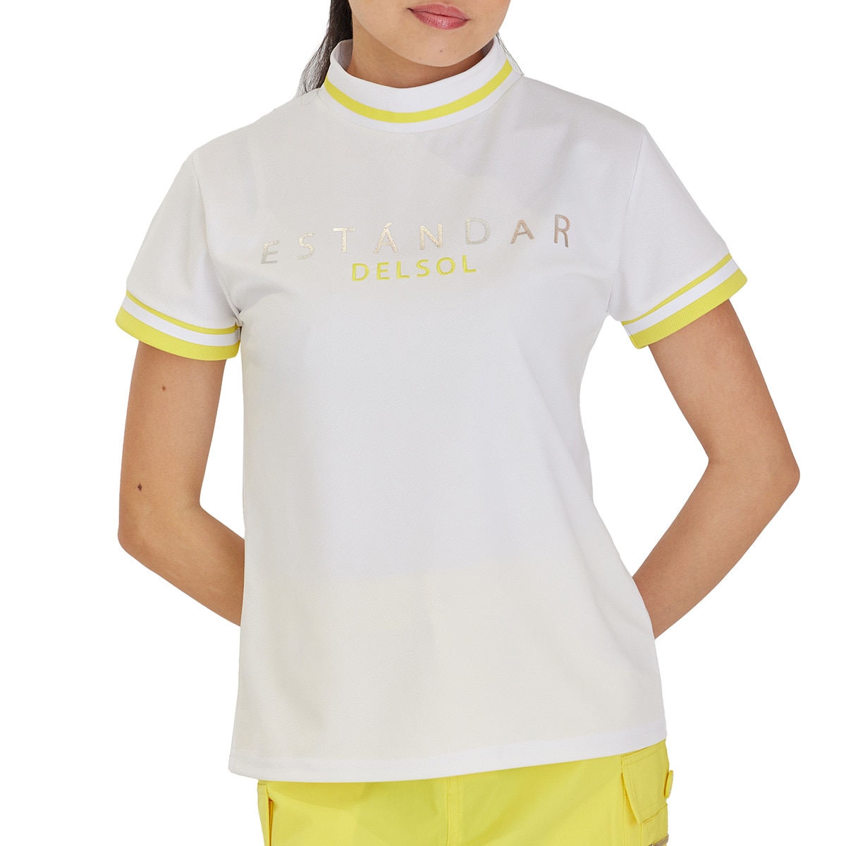 配色ライン ストレッチ半袖ハイネックシャツ レディス(半袖シャツ