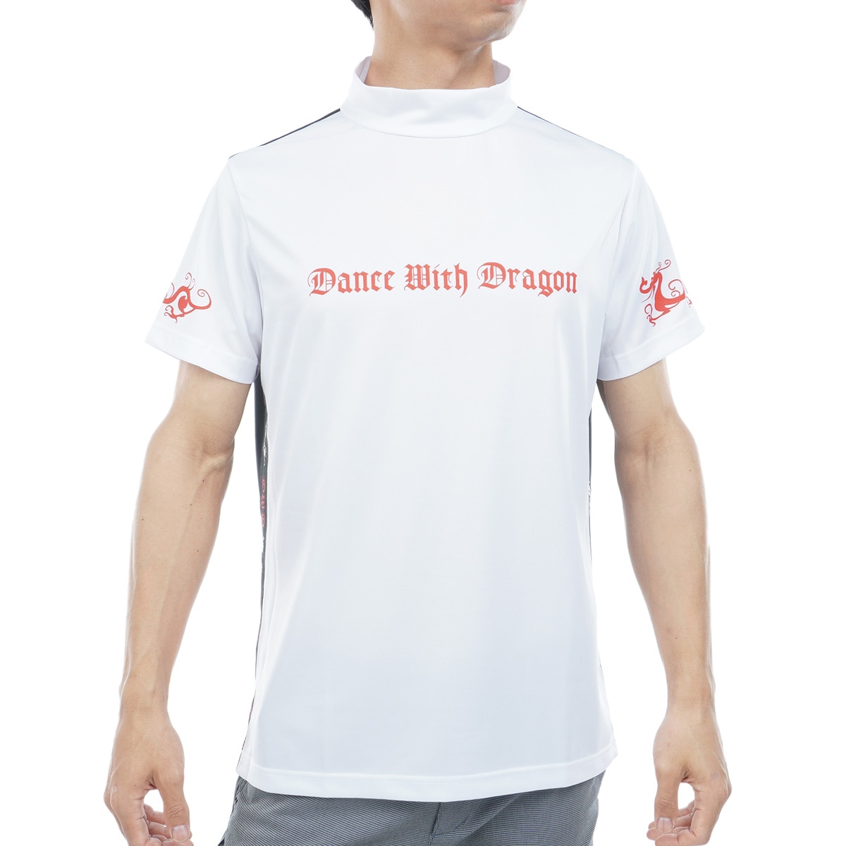 DANCE WITH DRAGON ホワイト半袖シャツ ストレッチ ドライクールマックス モックネック半袖シャツ(半袖シャツ