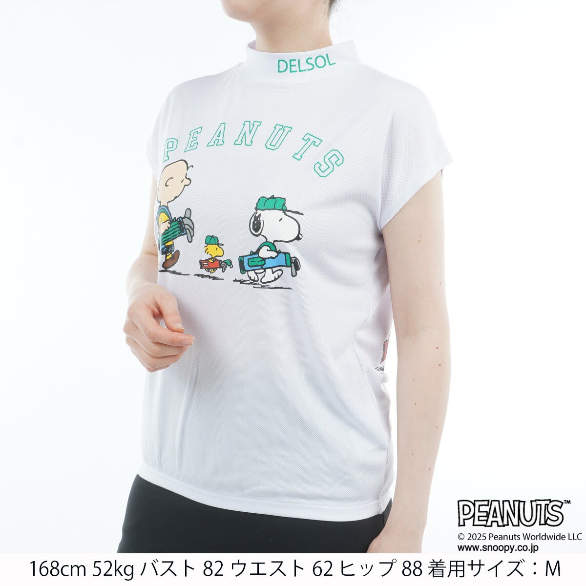 デルソルゴルフ　DELSOL GOLF　DELSOL×PEANUTS スヌーピーコラボ ストレッチ 裾ゴムフレンチスリーブ半袖シャツ　レディス DELSOL×PEANUTS スヌーピーコラボ ストレッチ 裾ゴムフレンチスリーブ