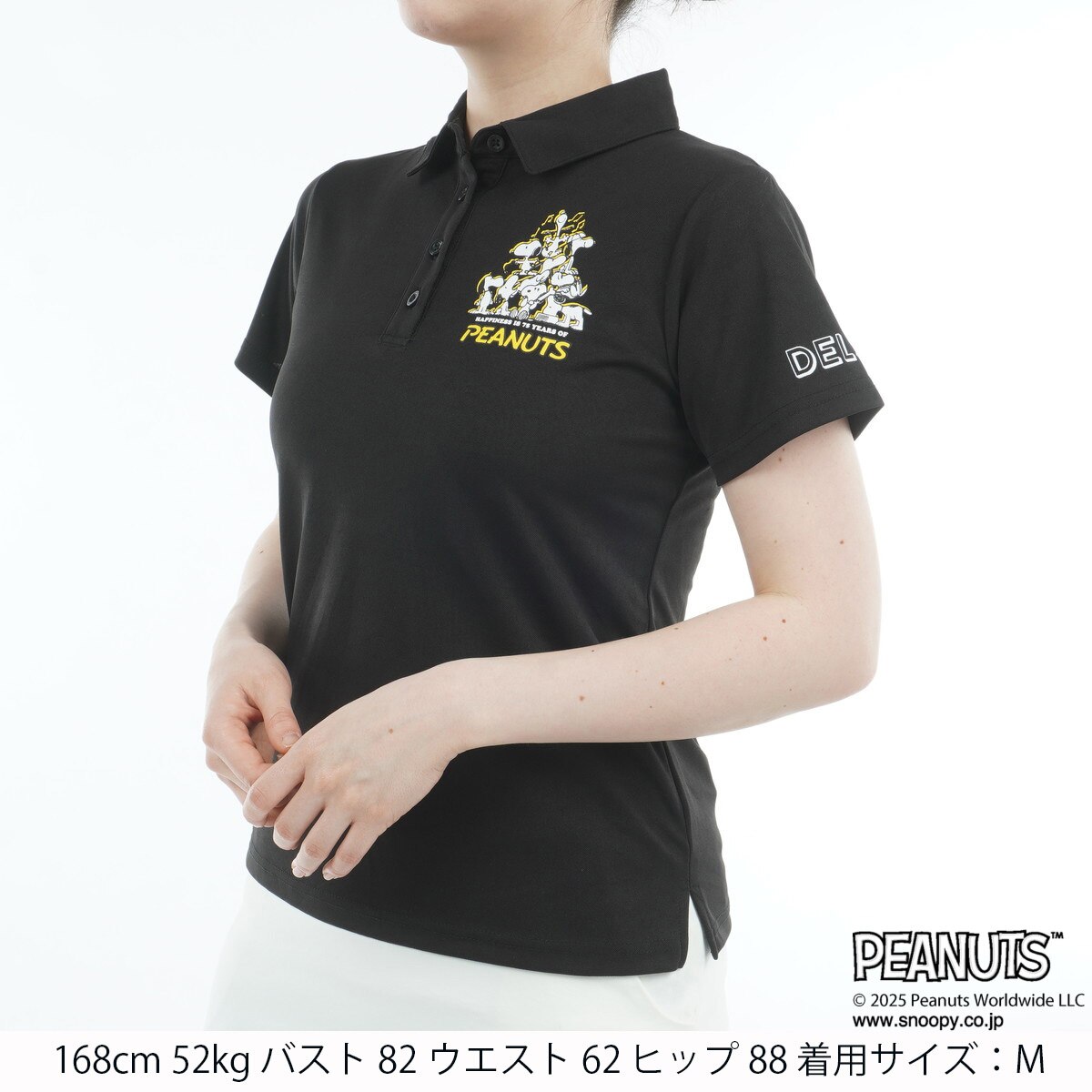 デルソルゴルフ　DELSOL GOLF　DELSOL×PEANUTS スヌーピーコラボ ストレッチ 75周年デザイン半袖ポロシャツ　レディス DELSOL×PEANUTS スヌーピーコラボ ストレッチ 75周年デザイン半袖