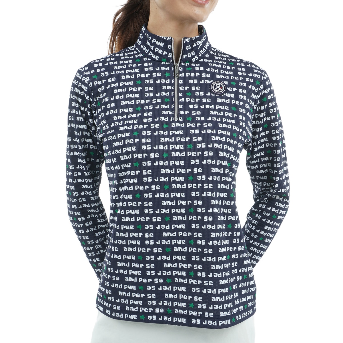 アンパスィ　and per se　ストレッチ ソルケアドットプリンテッド ハーフジップ長袖シャツ　レディス ストレッチ ソルケアドットプリンテッド ハーフジップ長袖シャツ