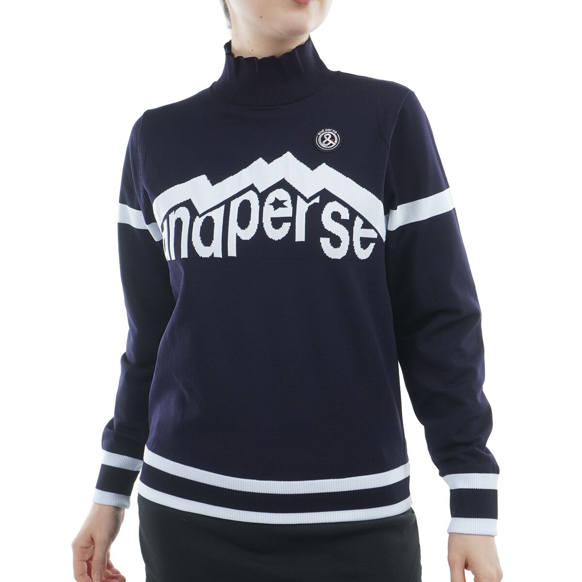 【アンパスィ】ゴルフ ハイネック ボーダー セーター リブ ワッペン L 黄×青 ストレッチ ウインドシャッター袖防風ハイネックセーター レディス