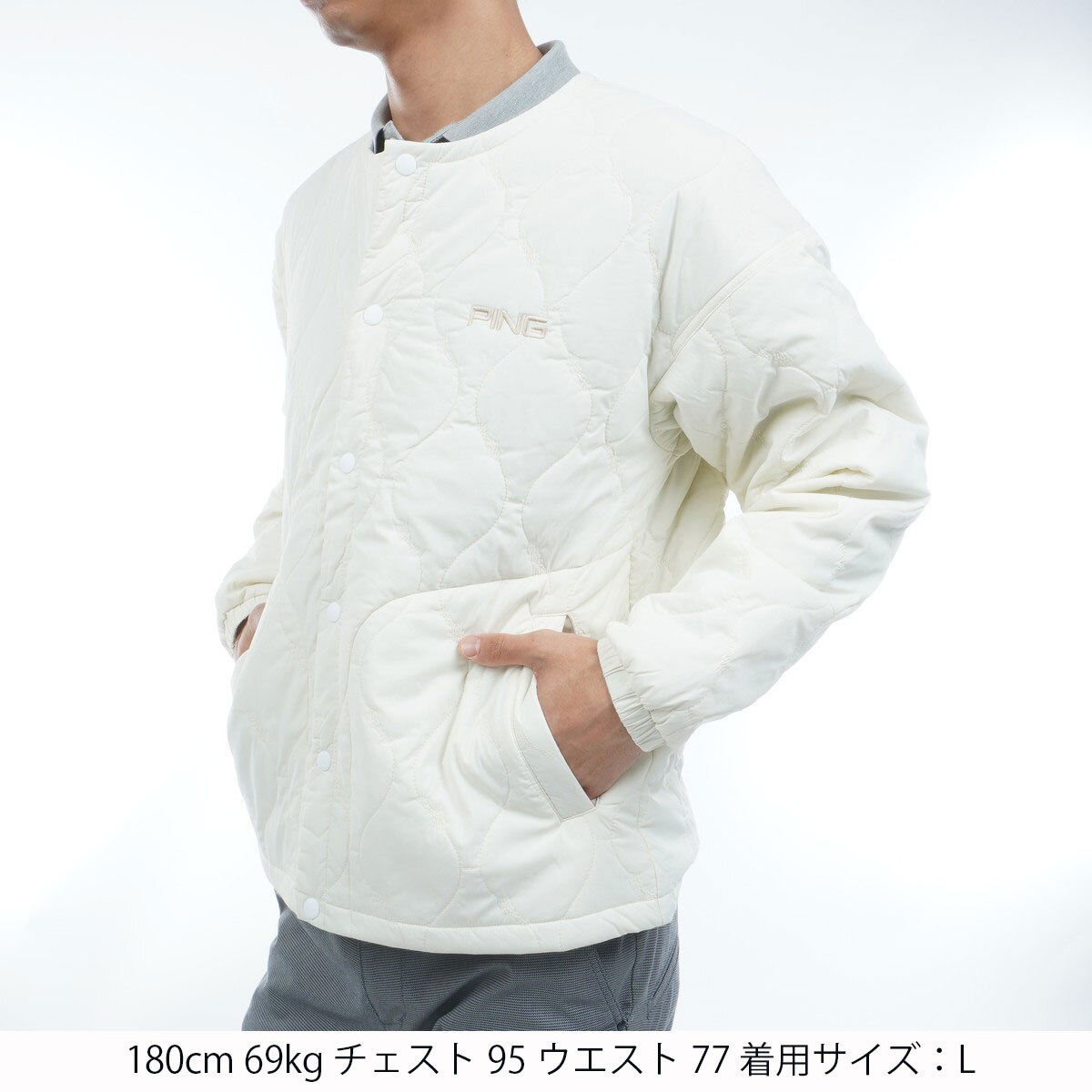 【ホワイト】ストレッチタフタキルティングノーカラーブルゾン <NATIVE> (MENS) ストレッチタフタキルティング ノーカラーブルゾン(アウター(ブルゾン