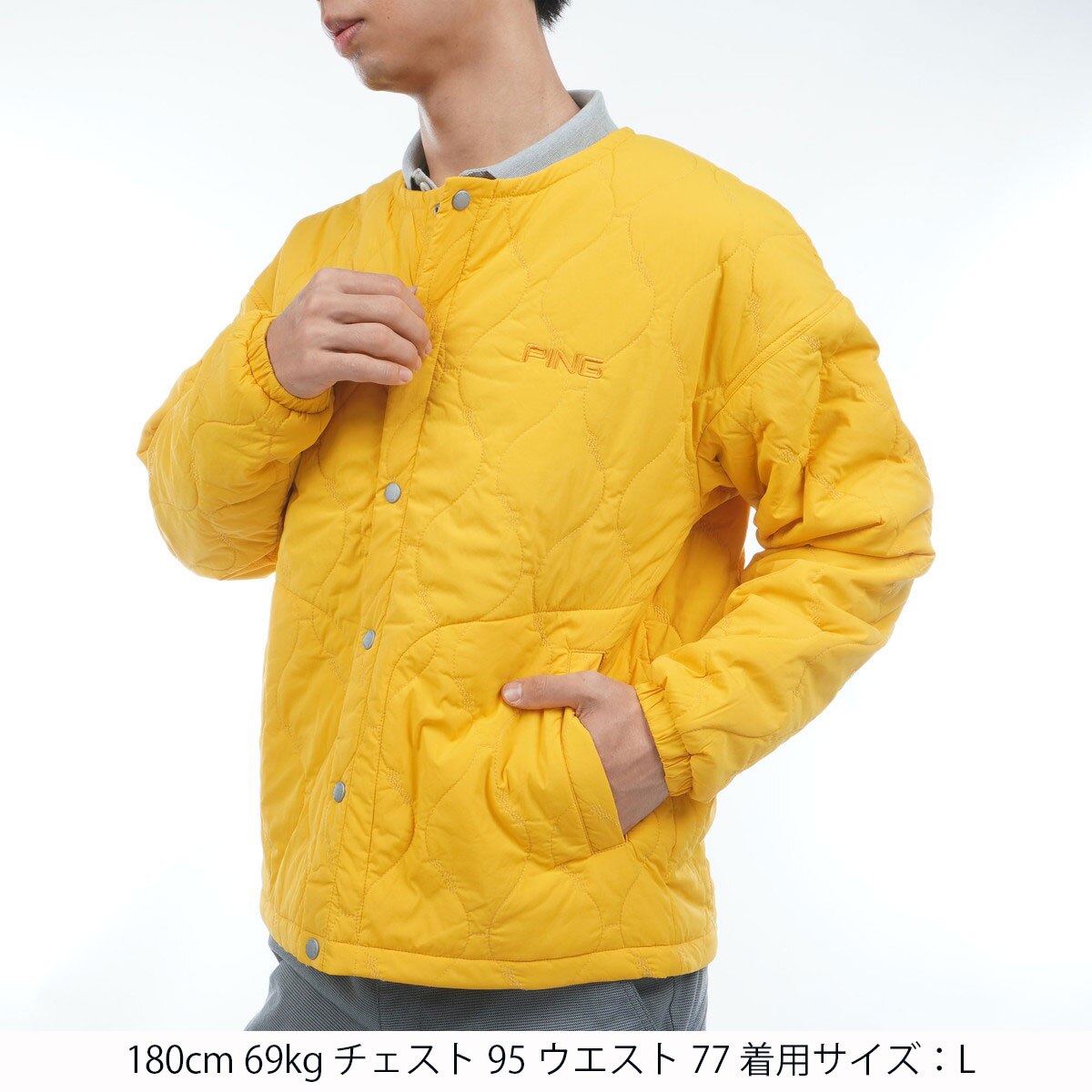 【イエロー】ストレッチタフタキルティングノーカラーブルゾン <NATIVE> (MENS) ストレッチタフタキルティング ノーカラーブルゾン(アウター(ブルゾン