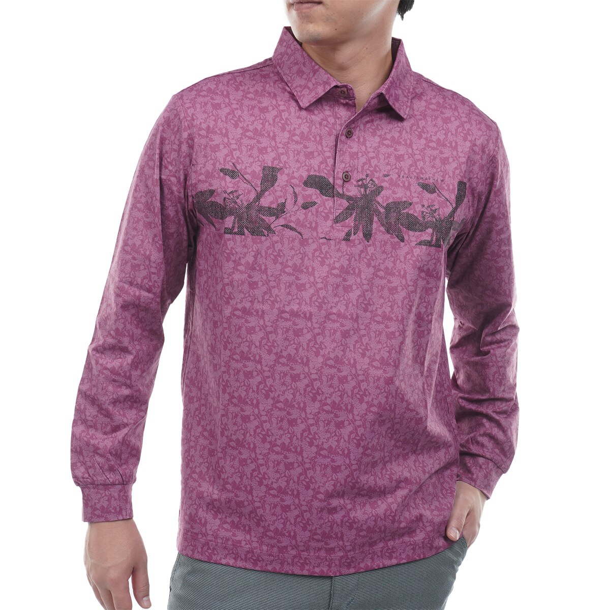 ストレッチ フラワープリント 長袖ポロシャツ(長袖シャツ・ポロシャツ