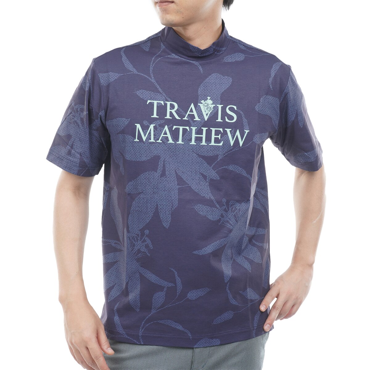 ストレッチ フラワープリント モックネック半袖シャツ(半袖